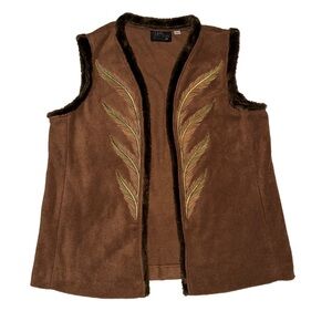 Bob Macke Wearable Art brown fleece embroidered feather vest with faux fur